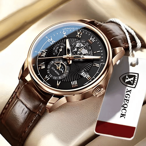 Men's Luxury Luminous Quartz Sport Watch Moon Phase Leather Strap