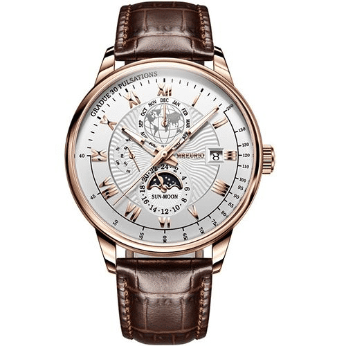 Men's Luxury Luminous Quartz Sport Watch Moon Phase Leather Strap