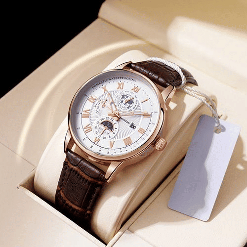 Men's Luxury Luminous Quartz Sport Watch Moon Phase Leather Strap