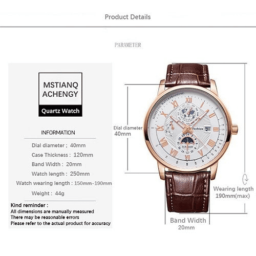 Men's Luxury Luminous Quartz Sport Watch Moon Phase Leather Strap