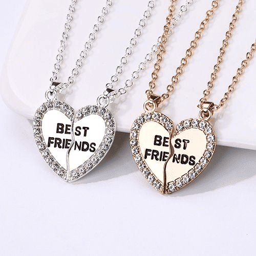 Elegant Zircon Inlaid Heart Best Friends Necklace Set - Silver Alloy Pendant Jewelry
