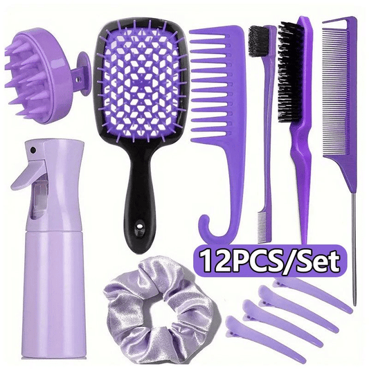 12-Piece Professional Hair Styling Comb Set: Detangling, Teasing, Scalp Massager, Spray Bottle