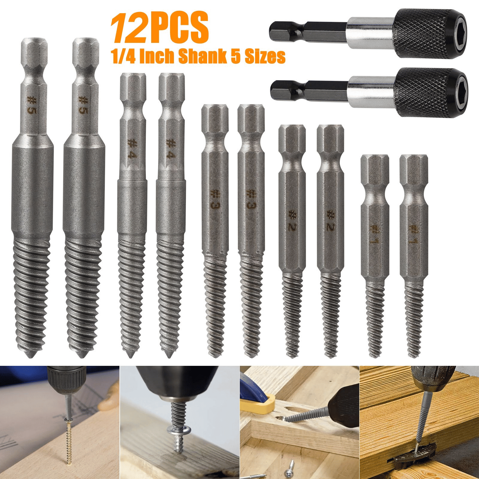 12Pcs Stud Screw Extractor Remover 1/4 Inch Hex Shank Set