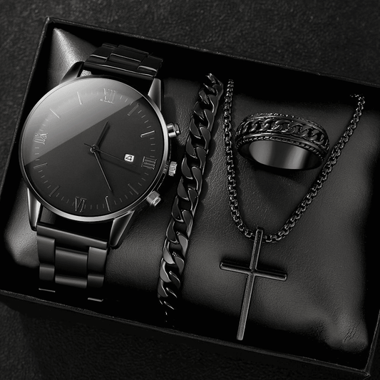 Black Men's 4-Piece Calendar Watch Set with Exquisite Ring Bracelet Necklace