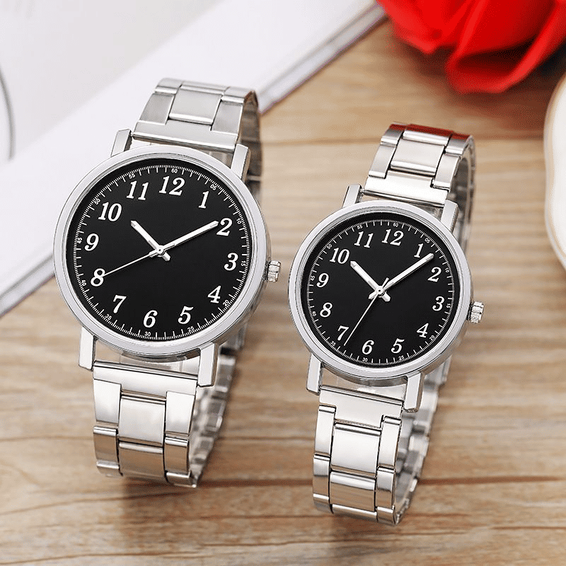 UPHUI Silver Couple Watch Set with Matching Rings 4-Piece Gift