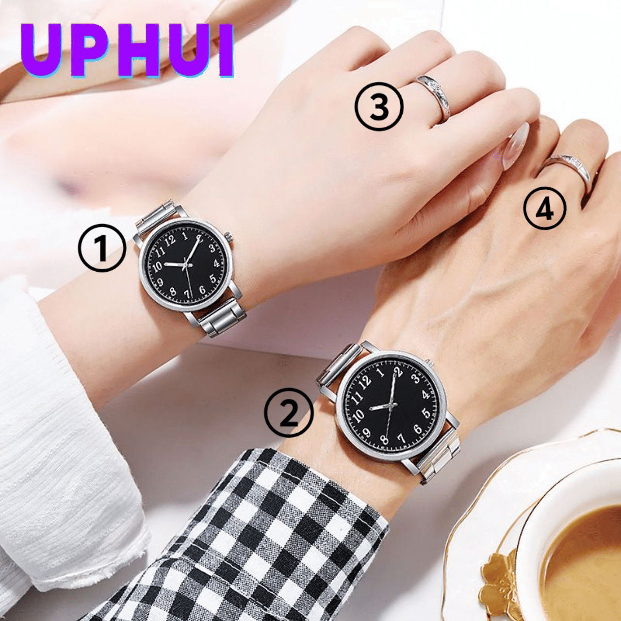UPHUI Silver Couple Watch Set with Matching Rings 4-Piece Gift