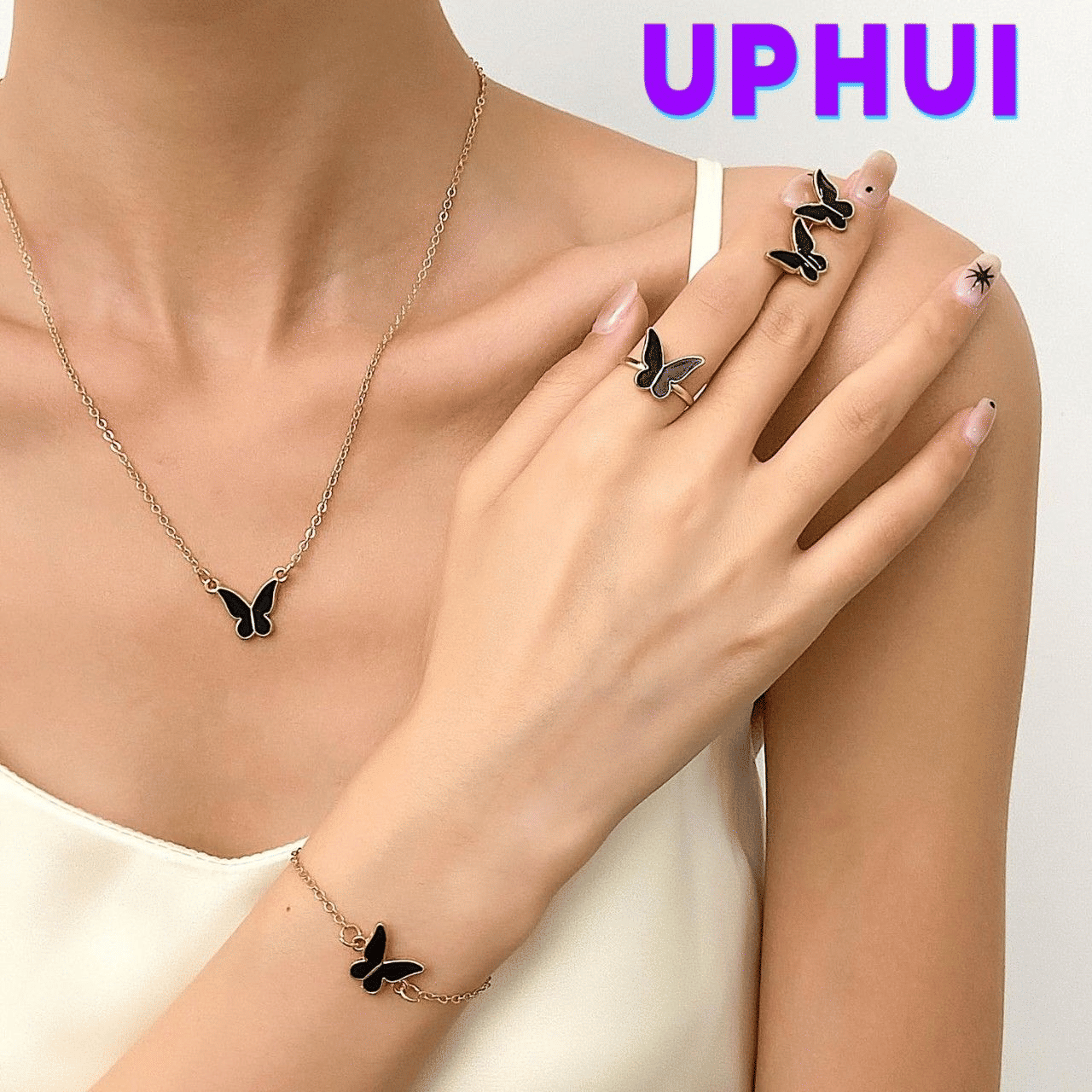 UPHUI 5-Piece Women's Butterfly Jewelry Set: Earrings, Necklace, Bracelet, Rings