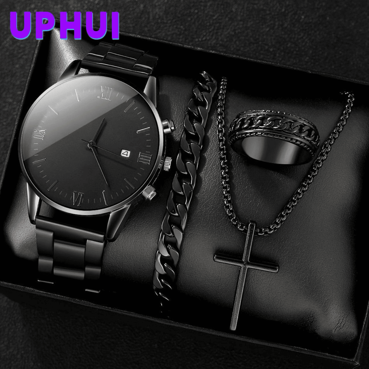Black Men's 4-Piece Calendar Watch Set with Exquisite Ring Bracelet Necklace