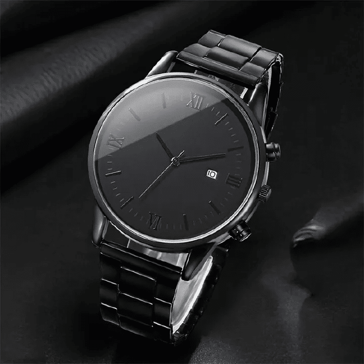 Black Men's 4-Piece Calendar Watch Set with Exquisite Ring Bracelet Necklace