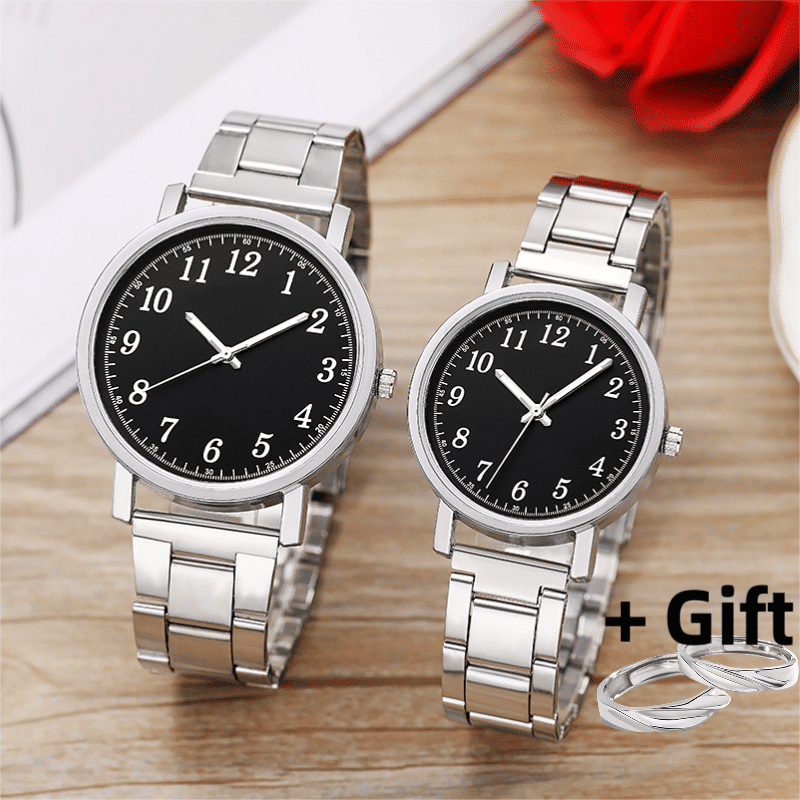 UPHUI Silver Couple Watch Set with Matching Rings 4-Piece Gift