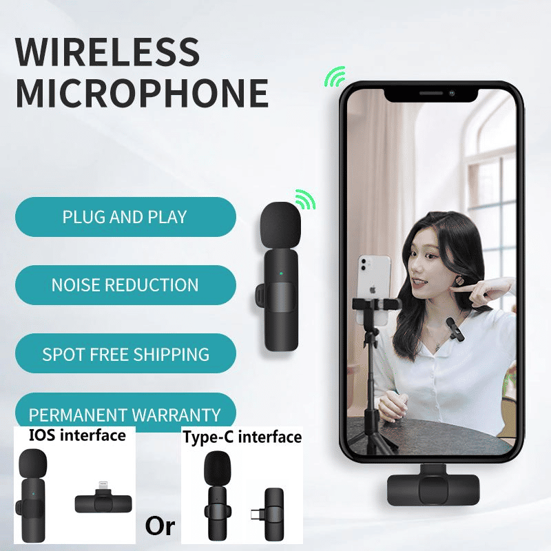 K9 Wireless Lapel Lavalier Microphone with Noise Cancellation for iPhone & Type-C