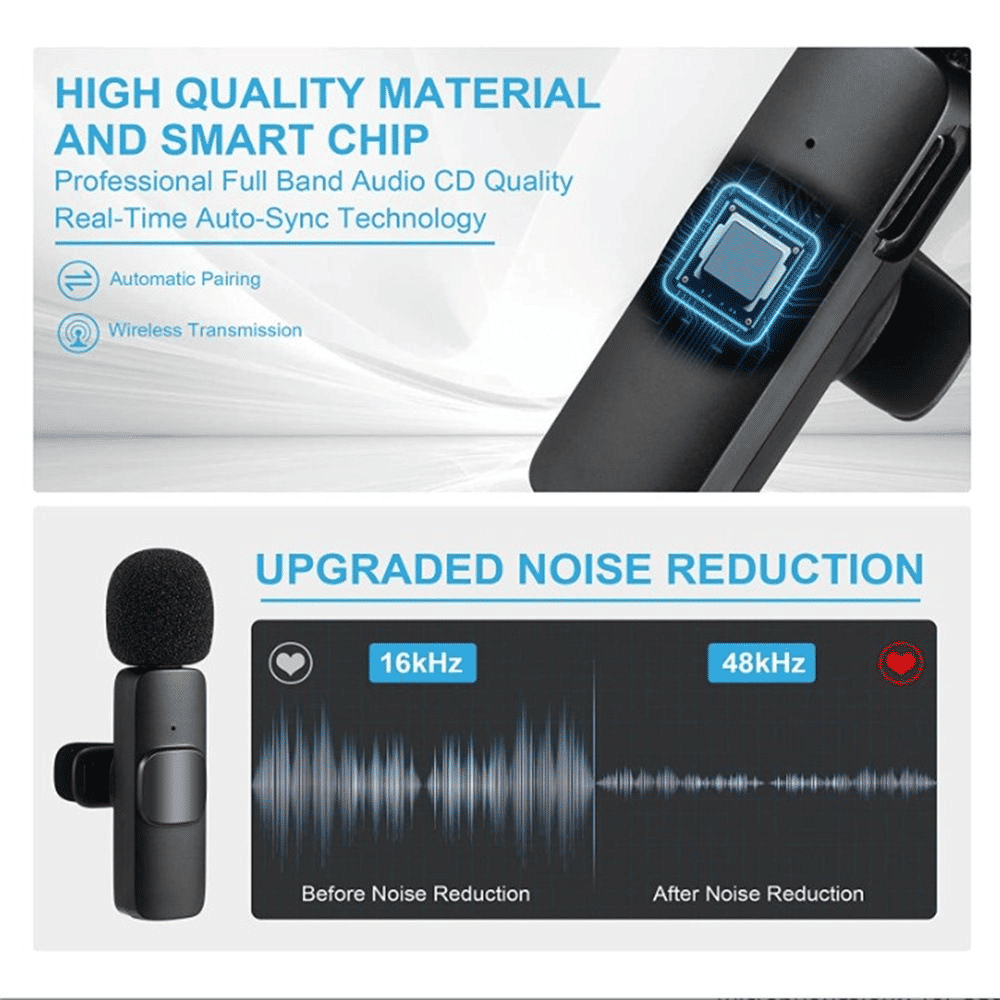 K9 Wireless Lapel Lavalier Microphone with Noise Cancellation for iPhone & Type-C