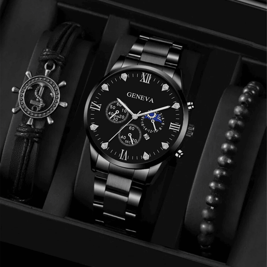 Men's Luxury Quartz Steel Strap Watch and Rudder Bracelet Set