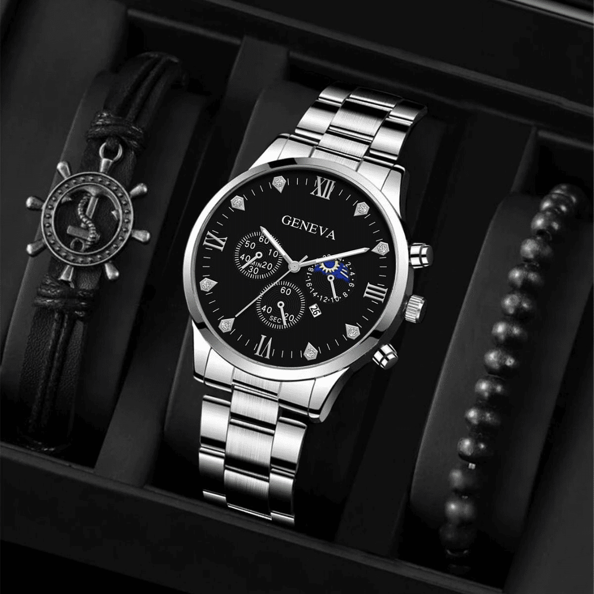 Men's Luxury Quartz Steel Strap Watch and Rudder Bracelet Set
