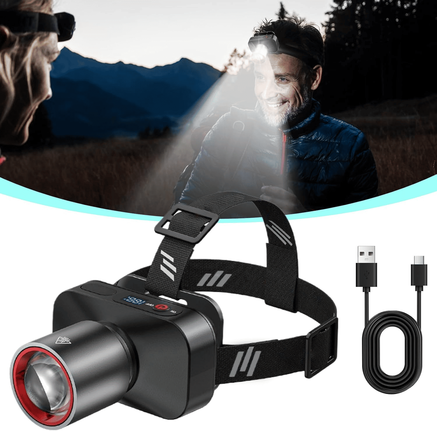 Powerful Rechargeable Headlamp: Zoomable, 90° Adjustable, Waterproof for Outdoor Adventures