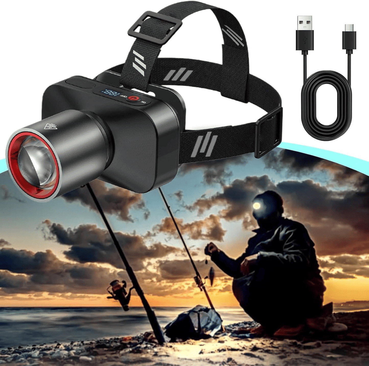 Powerful Rechargeable Headlamp: Zoomable, 90° Adjustable, Waterproof for Outdoor Adventures