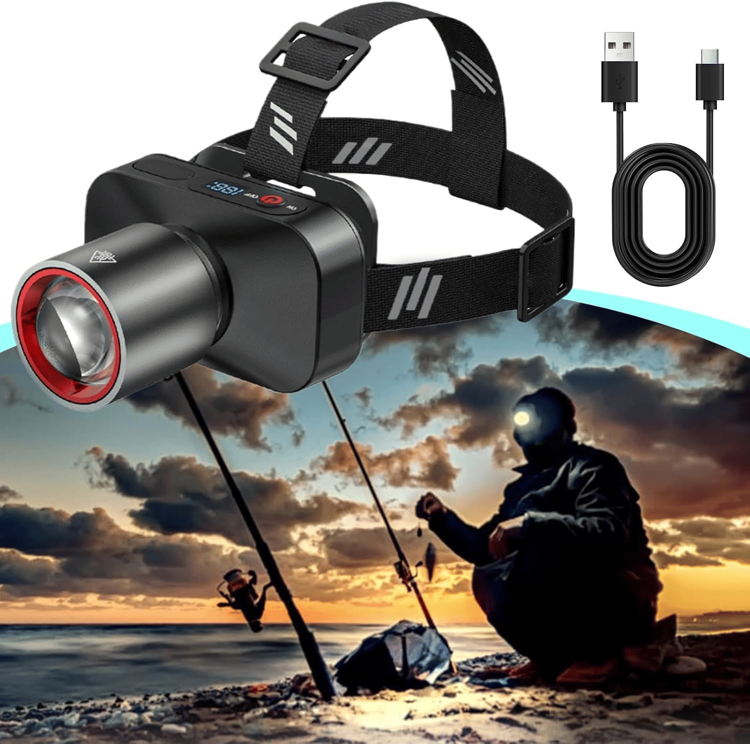 Powerful Rechargeable Headlamp: Zoomable, 90° Adjustable, Waterproof for Outdoor Adventures