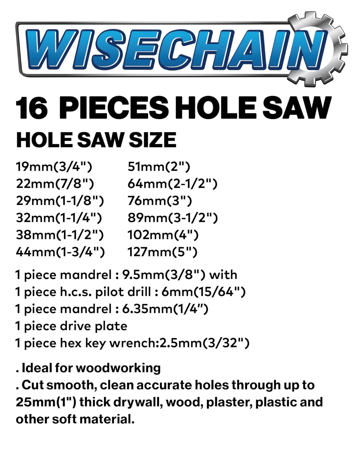 Hole Saw Set 16-Piece 3/4in to 5in for Soft Materials