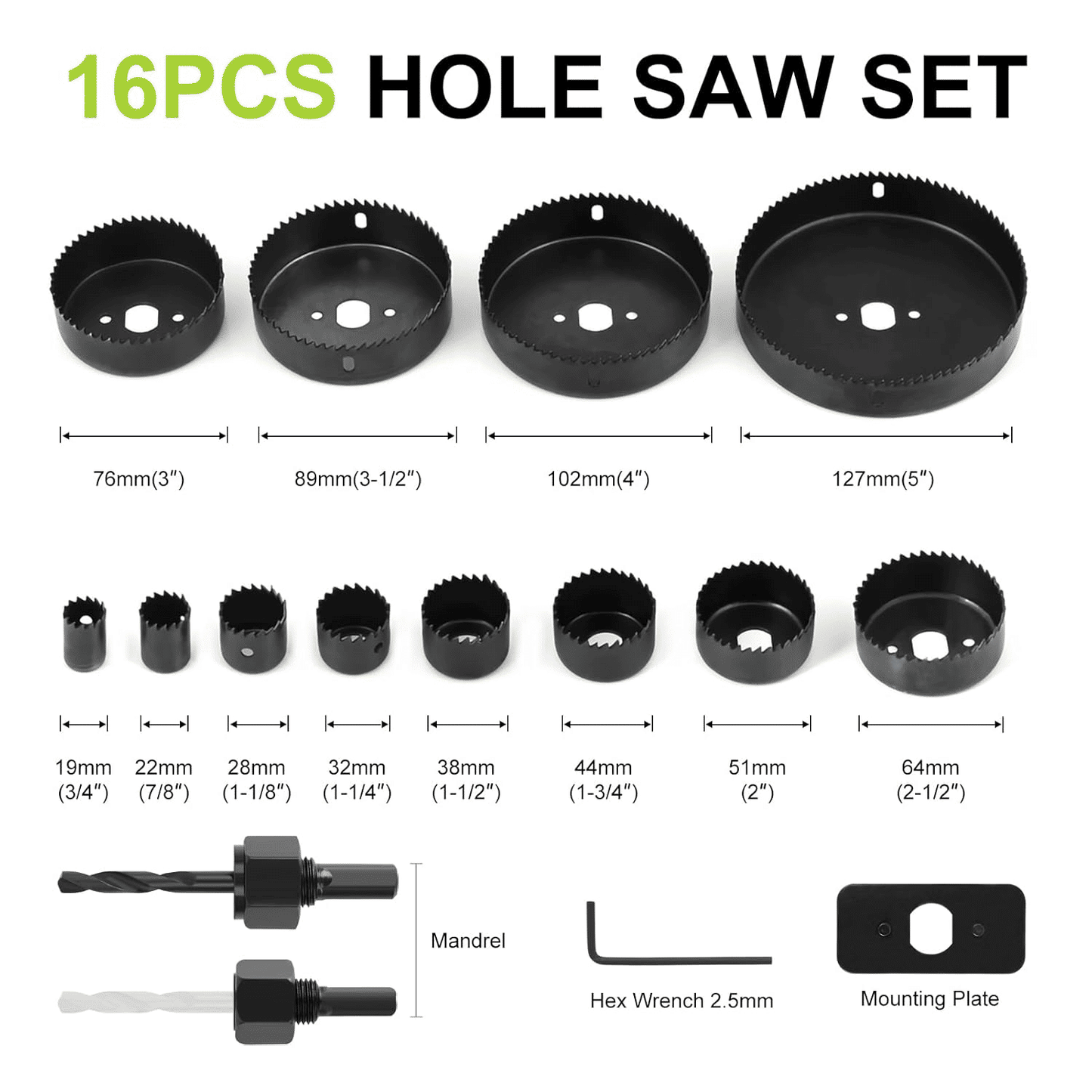 Hole Saw Set 16-Piece 3/4in to 5in for Soft Materials