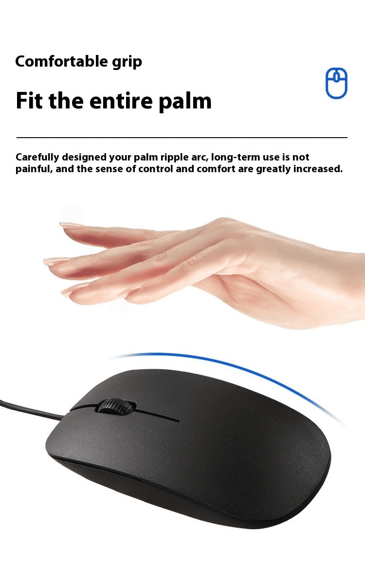 Comfortable USB Wired Computer Mouse for Gaming, Office, Home, Notebook PC - Black