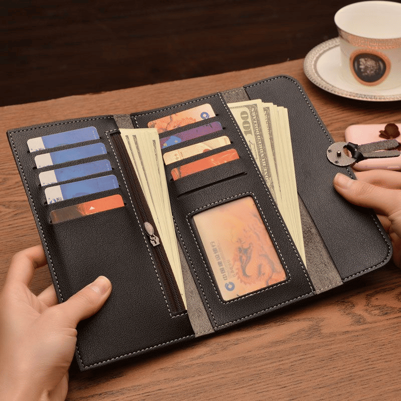 Elegant Women's Long Tri-Fold Wallet: Premium Synthetic Leather Card Holder Purse