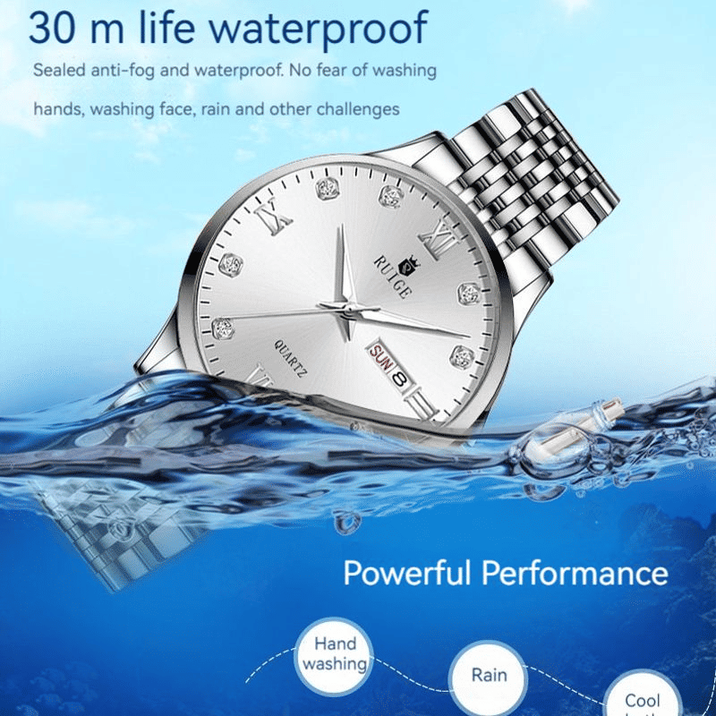 Luxury Men's Stainless Steel Dual Calendar Quartz Business Watch