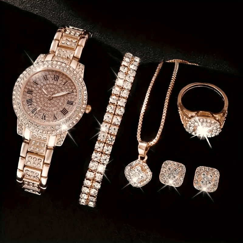 Elegant Women's Diamond Quartz Watch & Jewelry Set - Ring, Necklace, Earrings, Bracelet