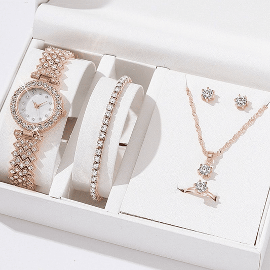 Women's 6-Piece Luxury Rhinestone Watch & Jewelry Set - Rose Gold