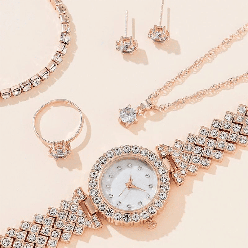 6PC Luxury Women's Rhinestone Wristwatch & Jewelry Set - Elegant Fashion Gift