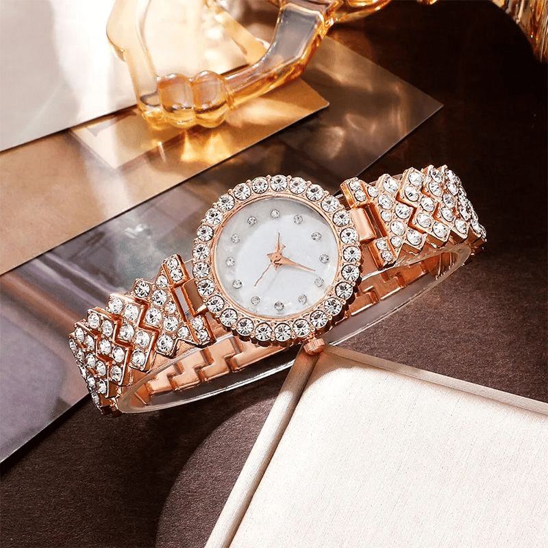 6PC Luxury Women's Rhinestone Wristwatch & Jewelry Set - Elegant Fashion Gift