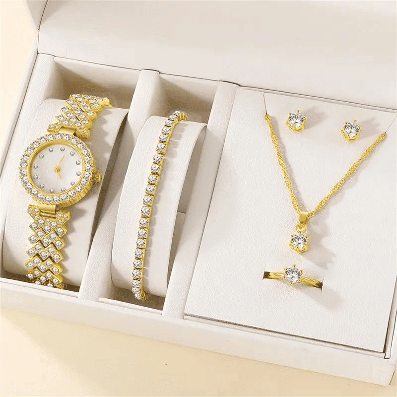 Women's 6-Piece Luxury Rhinestone Watch & Jewelry Set - Rose Gold