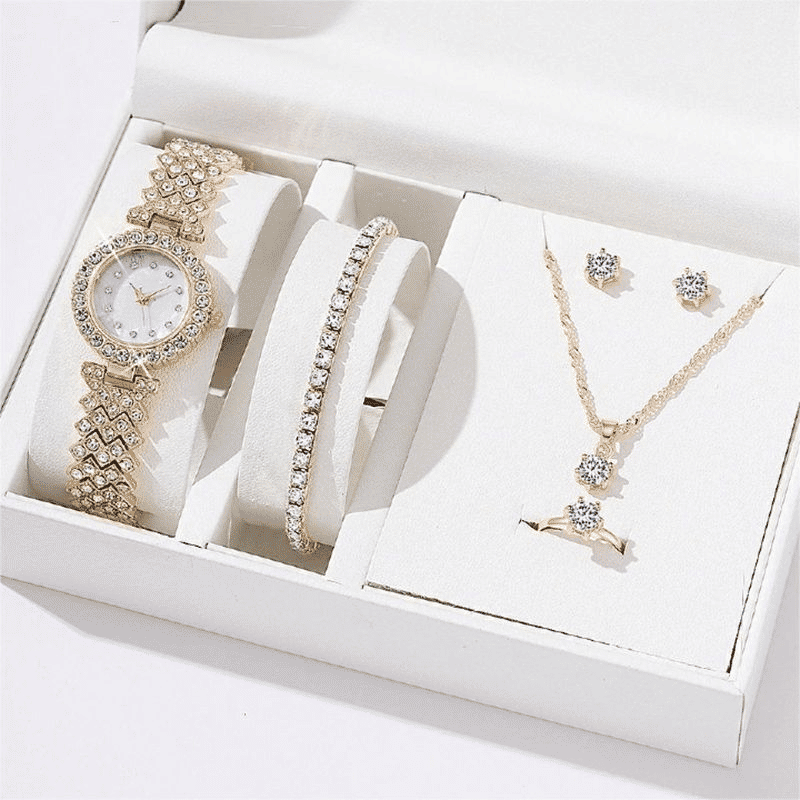 Women's 6-Piece Luxury Rhinestone Watch & Jewelry Set - Rose Gold