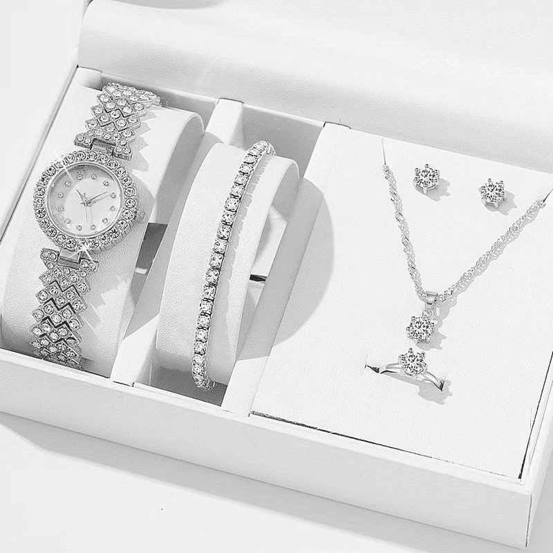 6PC Luxury Women's Rhinestone Wristwatch & Jewelry Set - Elegant Fashion Gift