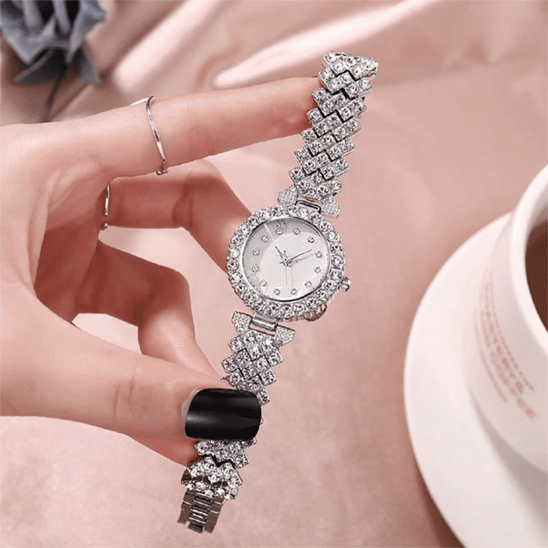 6PC Luxury Women's Rhinestone Wristwatch & Jewelry Set - Elegant Fashion Gift