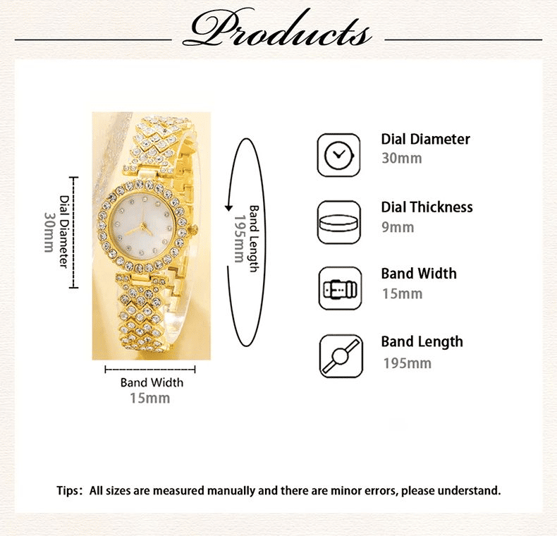 6PC Luxury Women's Rhinestone Wristwatch & Jewelry Set - Elegant Fashion Gift