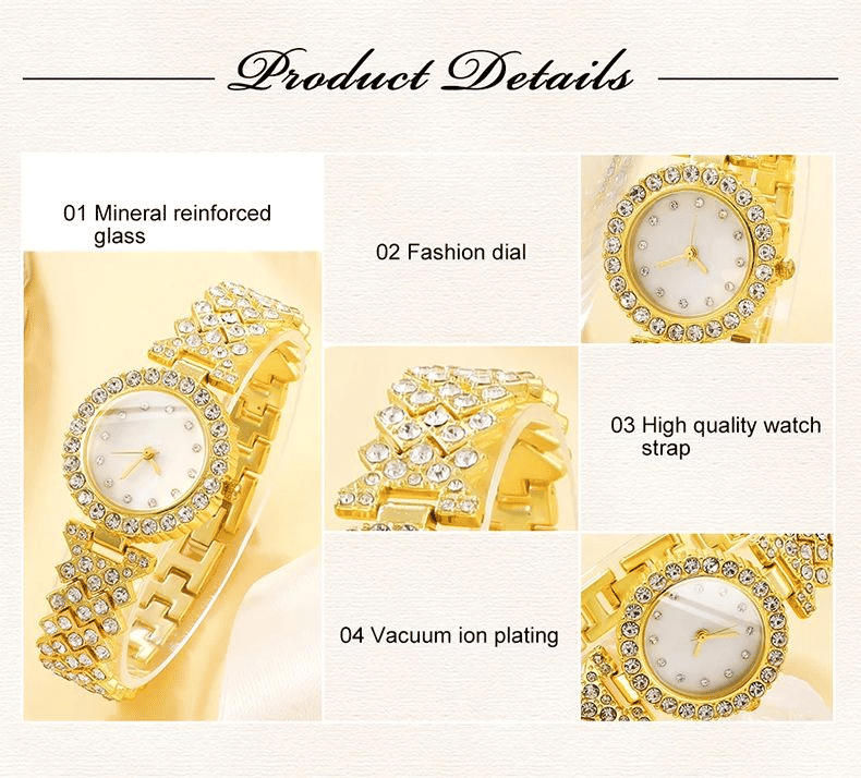 Women's 6-Piece Luxury Rhinestone Watch & Jewelry Set - Rose Gold