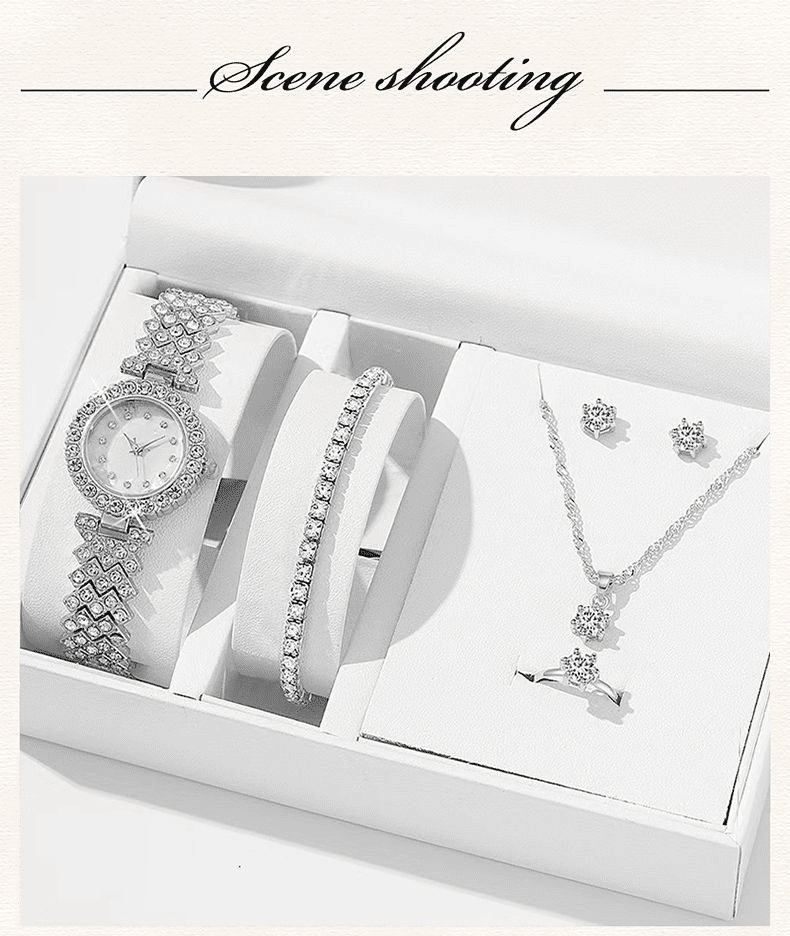 Women's 6-Piece Luxury Rhinestone Watch & Jewelry Set - Rose Gold