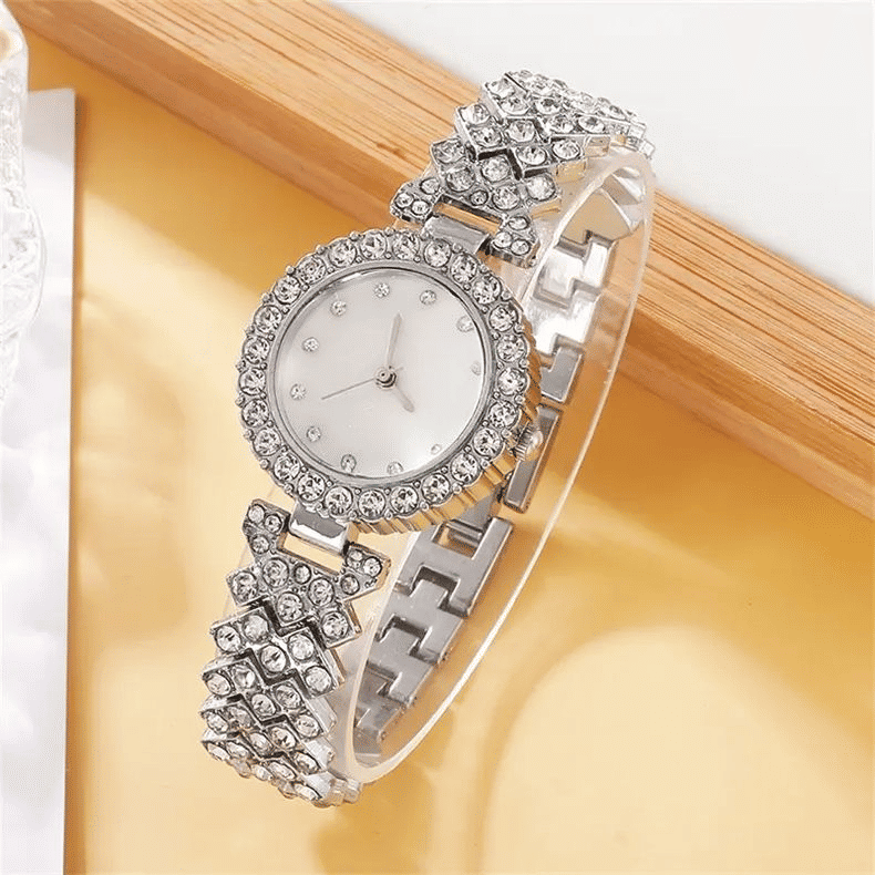 6PC Luxury Women's Rhinestone Wristwatch & Jewelry Set - Elegant Fashion Gift
