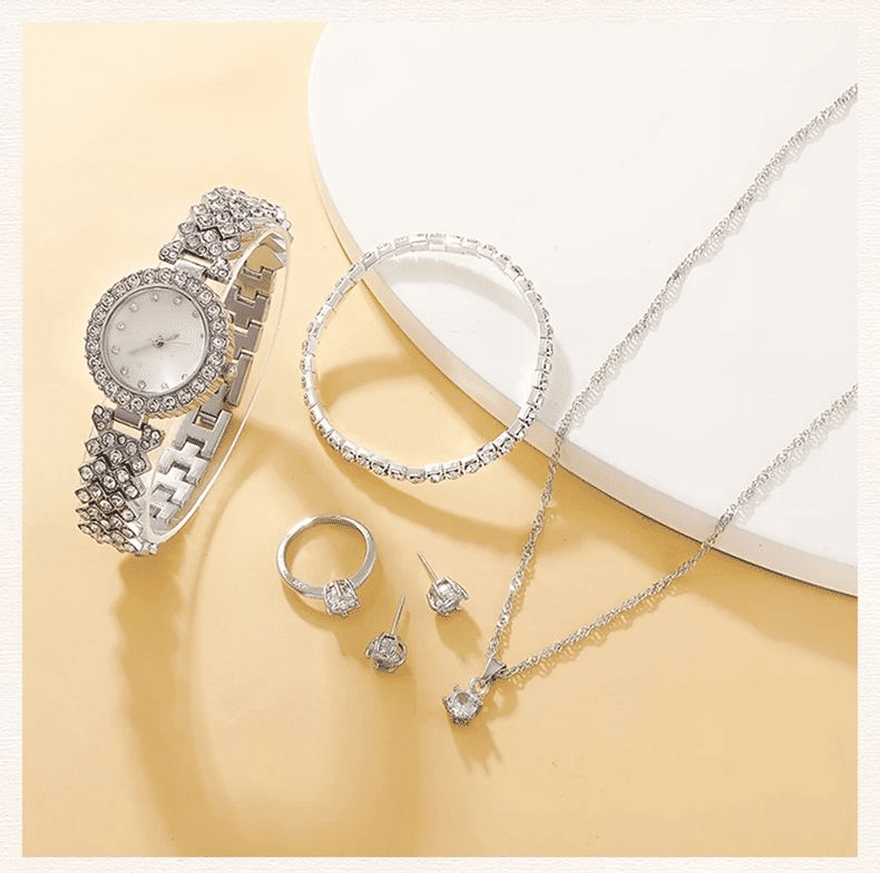 Women's 6-Piece Luxury Rhinestone Watch & Jewelry Set - Rose Gold