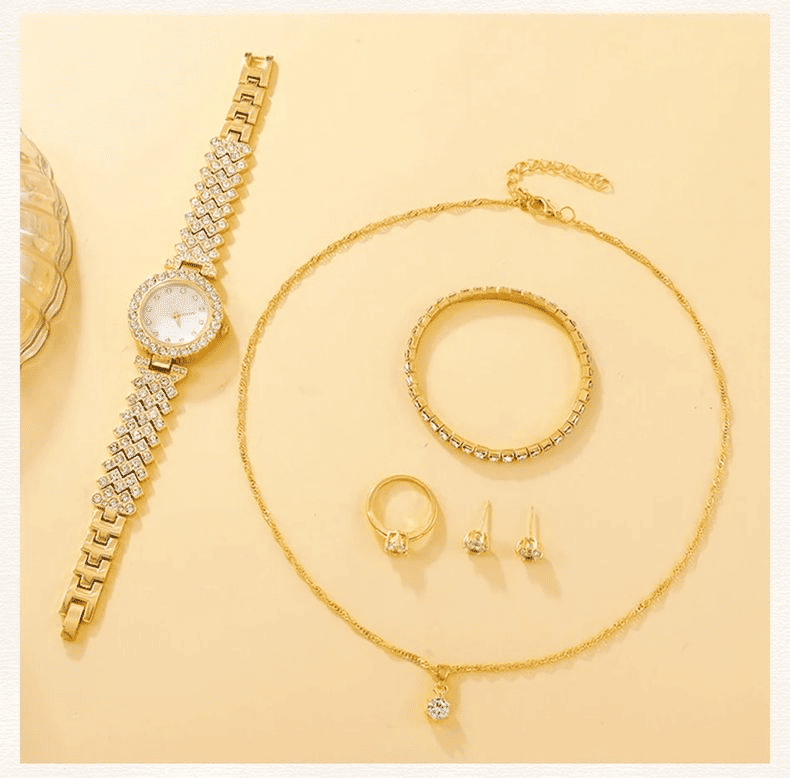 6PC Luxury Women's Rhinestone Wristwatch & Jewelry Set - Elegant Fashion Gift