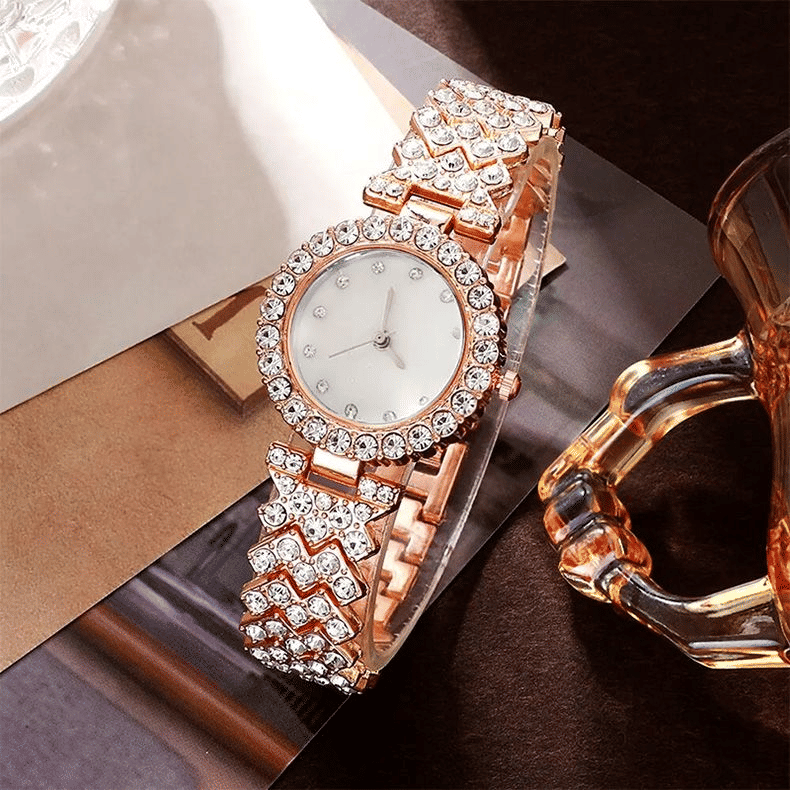 Women's 6-Piece Luxury Rhinestone Watch & Jewelry Set - Rose Gold