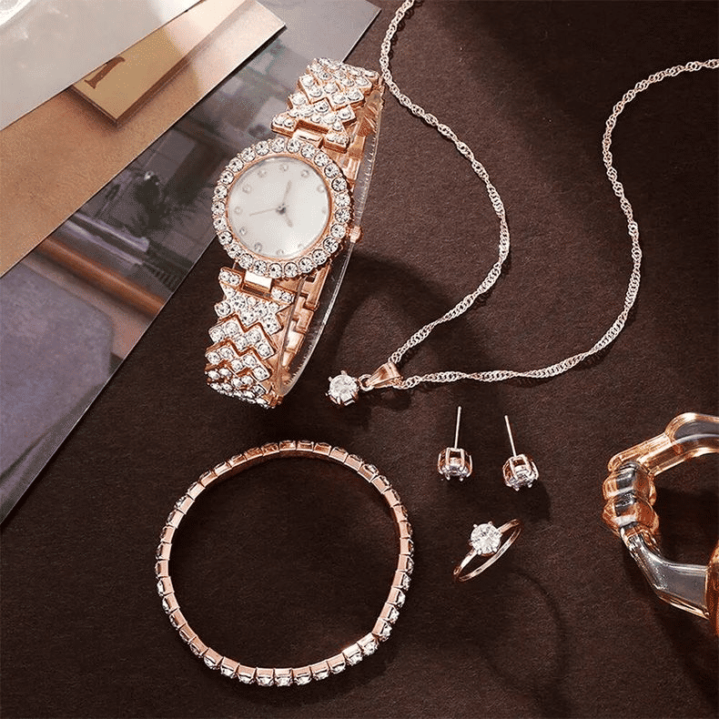 6PC Luxury Women's Rhinestone Wristwatch & Jewelry Set - Elegant Fashion Gift