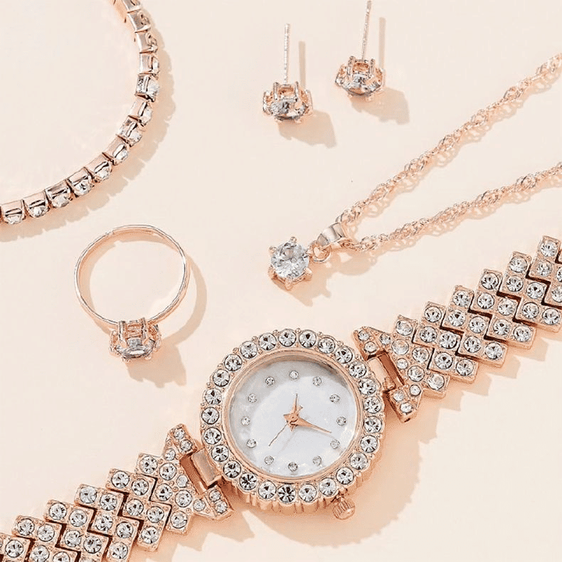 Women's 6-Piece Luxury Rhinestone Watch & Jewelry Set - Rose Gold
