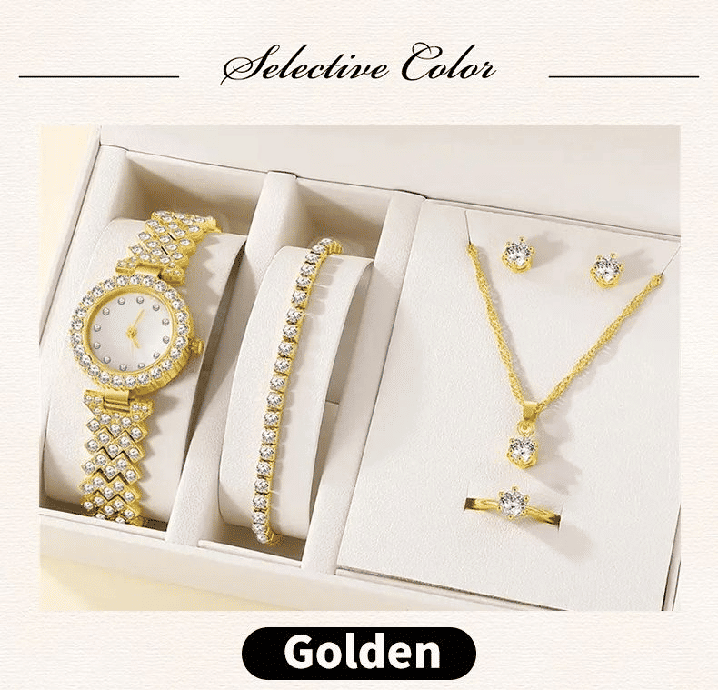 Women's 6-Piece Luxury Rhinestone Watch & Jewelry Set - Rose Gold