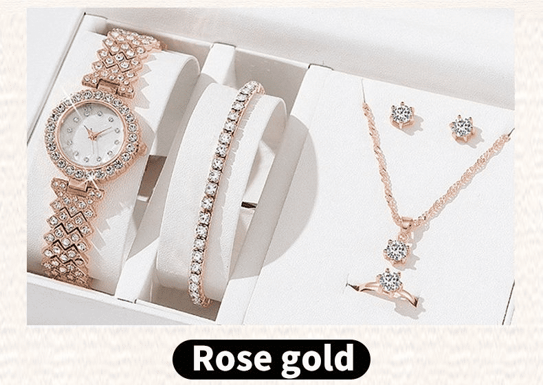 6PC Luxury Women's Rhinestone Wristwatch & Jewelry Set - Elegant Fashion Gift