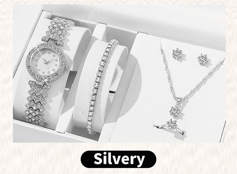 6PC Luxury Women's Rhinestone Wristwatch & Jewelry Set - Elegant Fashion Gift