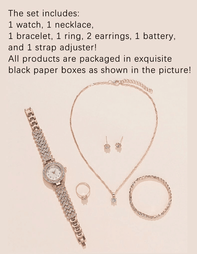 6PC Luxury Women's Rhinestone Wristwatch & Jewelry Set - Elegant Fashion Gift
