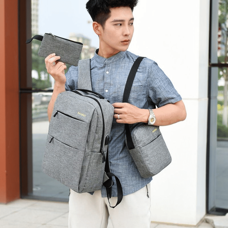 3-Piece Men's Anti-Theft USB Laptop Backpack Set, School Bookbag & Travel Bag