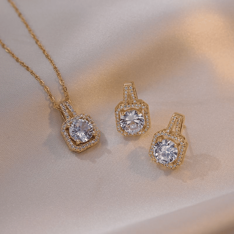 Elegant Gold Zircon 3-Piece Jewelry Set: Earrings, Ring, Necklace, Women's Pendant