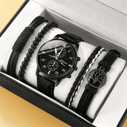5-Piece Set Men's Fashion Sports Business Quartz Wristwatch Luxury Leather Bracelet